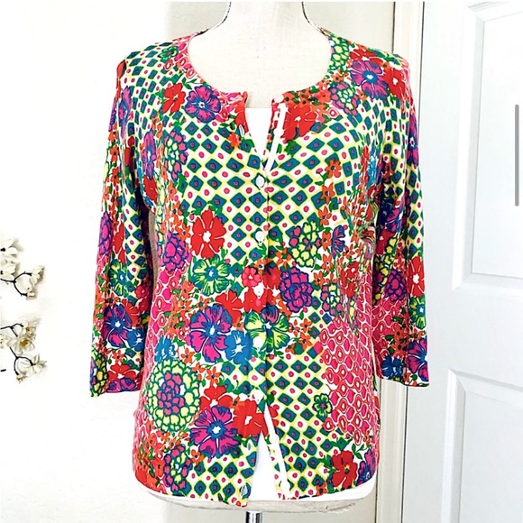 TALBOTS Colorful Geo & Floral Print Button-Up Cardigan Sweater Womens Sz… - Picture 5 of 13